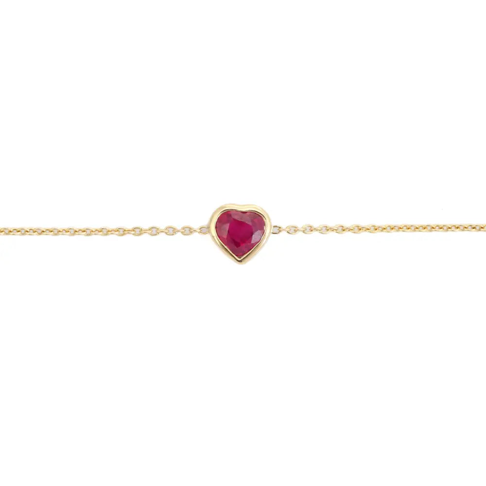 Minimalist Trendy Heart Shape Ruby Bezel Set Solitaire Chain Bracelet 14K Yellow Gold Jewelry