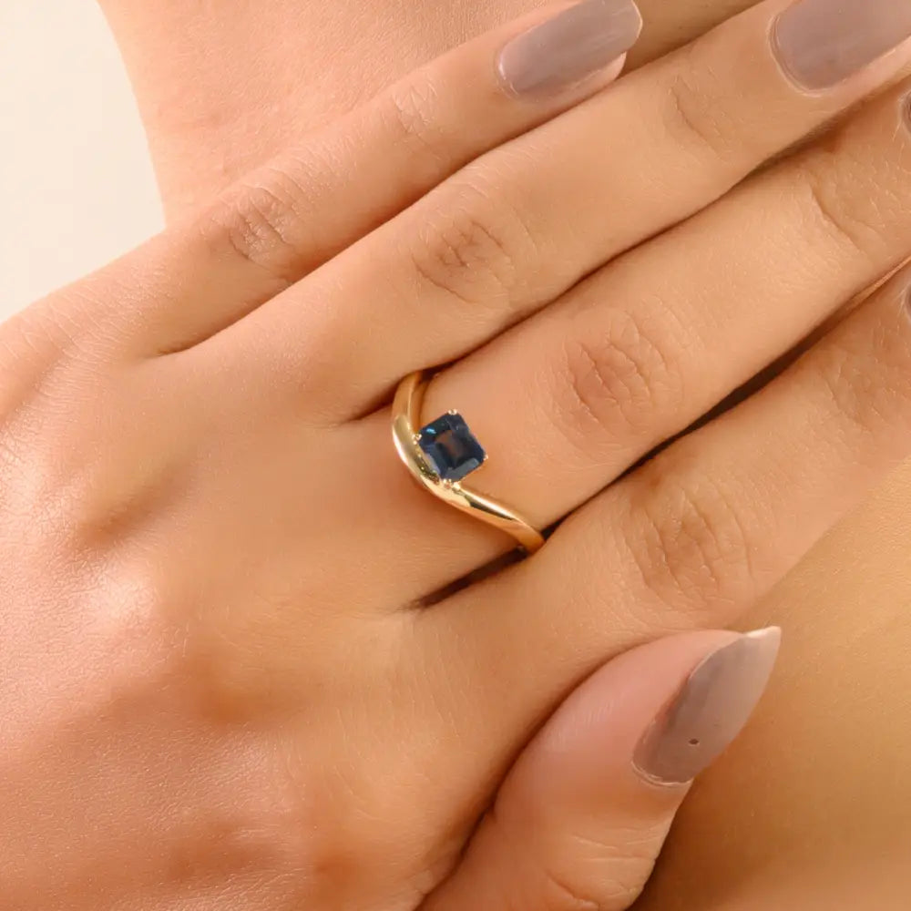 Dainty Simple Design Blue Sapphire Prong Set Wavy Band Ring 14K Real Yellow Gold Jewelry