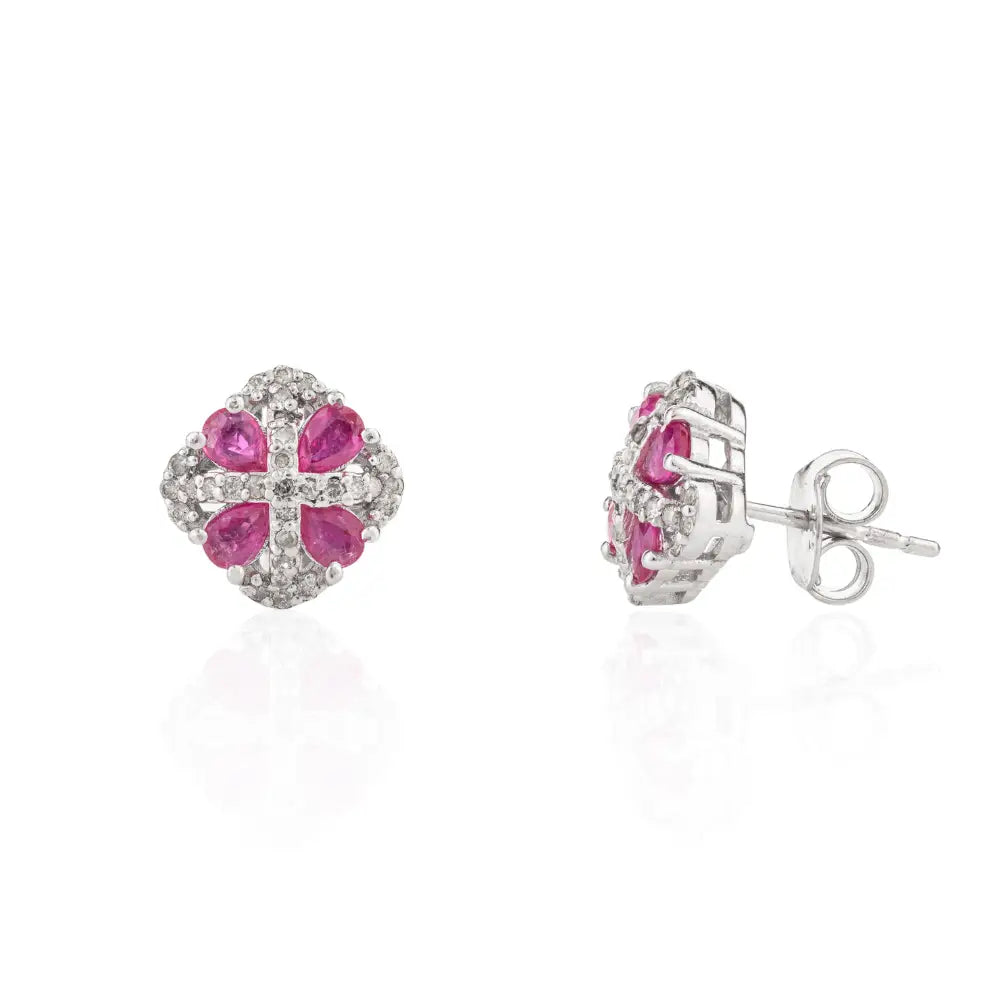 Premium Quality Products Pear Ruby & Round American Diamond 925 Silver Square Stud Earrings