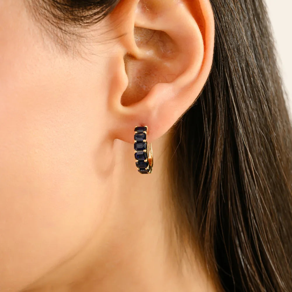 Natural Blue Sapphire Octagon Cut Small Hoop Earrings Solid 14K Yellow Gold Fine Jewelry