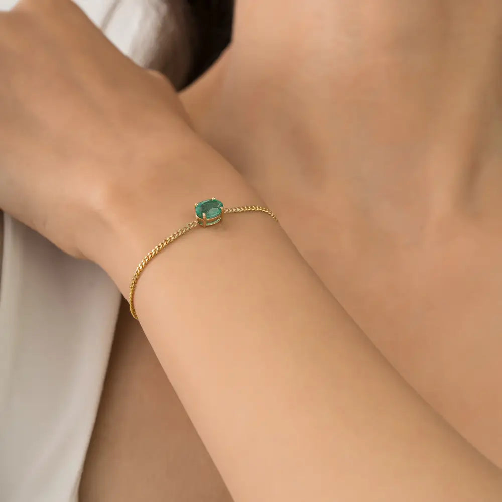 100% Natural Zambian Emerald K14 Yellow Gold Cuban Link Chain Single Stone Bracelet