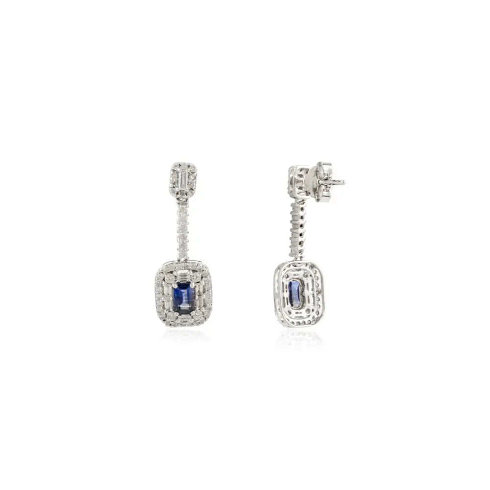 Latest Design Blue Sapphire & Diamond Drop Earrings Real 14K White Gold Gemstone Jewelry