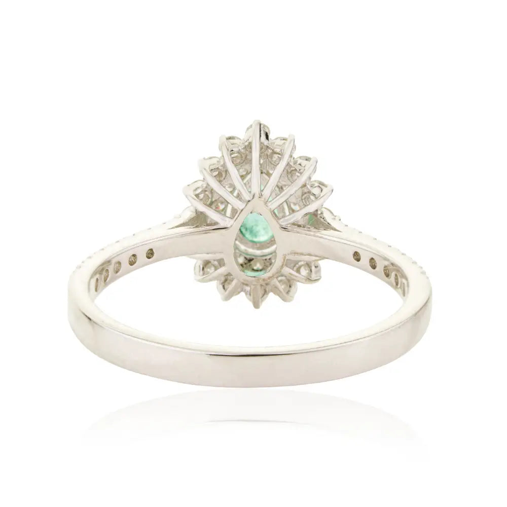 Real 18K White Gold Emerald & Diamond Pear Shape Double Cluster Ring Wedding Jewelry