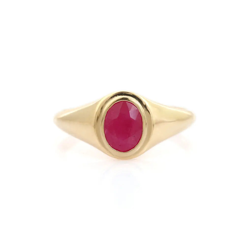 Latest Design July Birthstone Natural Ruby Signet Chunky Ring 14K Real Yellow Gold Jewelry