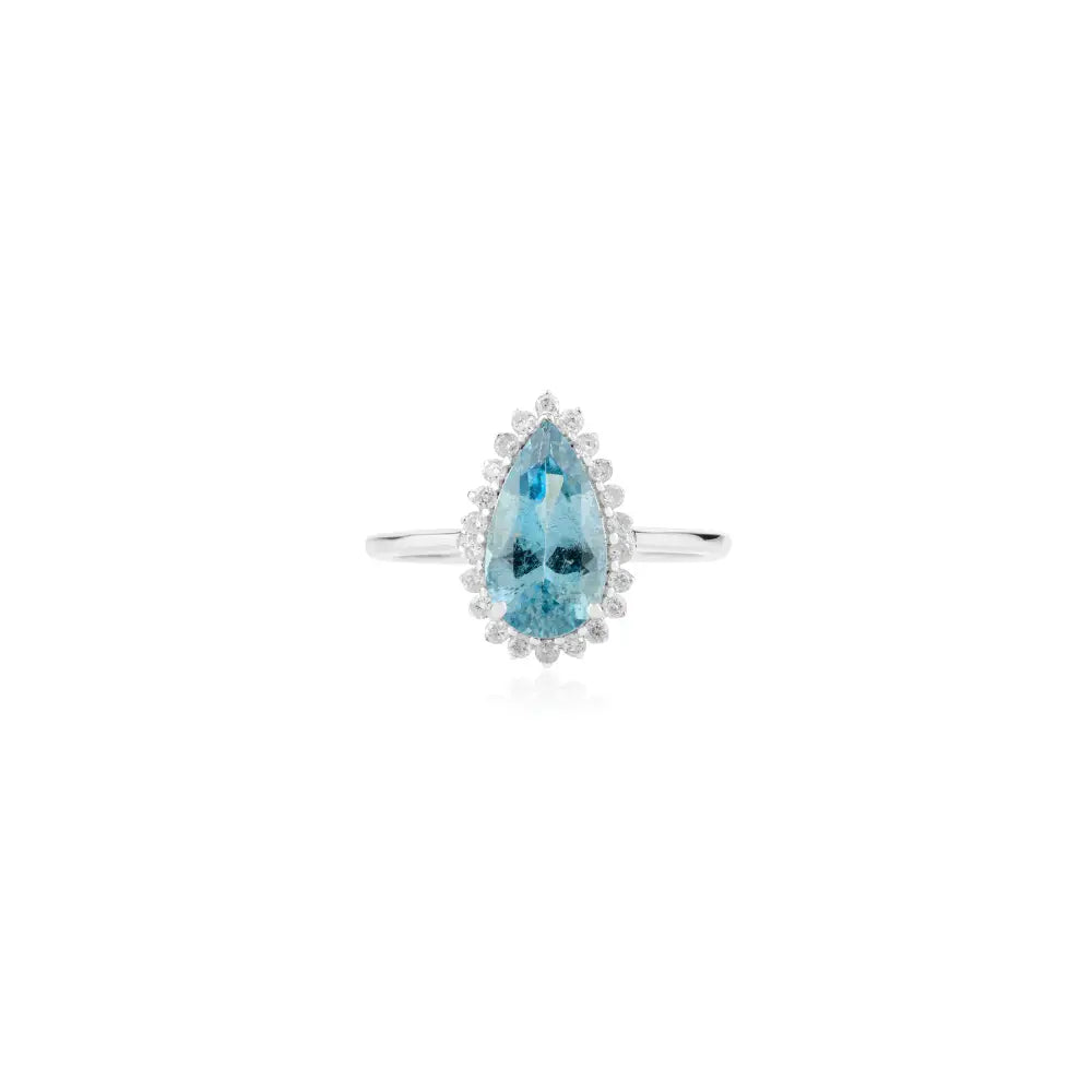 Pear Cut Aquamarine & Diamond Statement Cluster Ring Trending 14K White Gold Wedding Jewelry