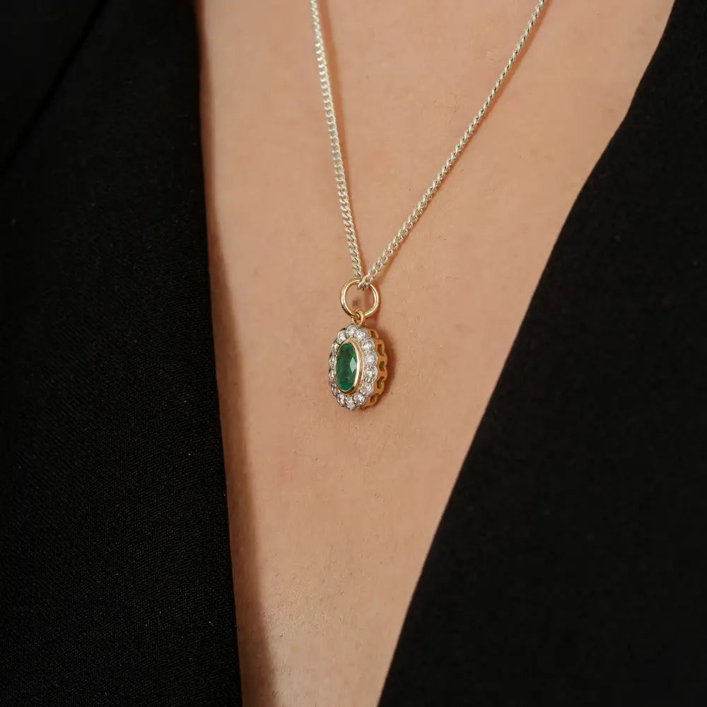 Bezel Set Emerald & Diamond 14K Solid Yellow Gold Cluster Pendant For Women Fine Jewelry