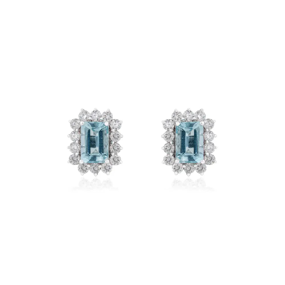 14K Real White Gold Aquamarine & Diamond Cluster Stud Earrings Bulk Handmade Jewelry