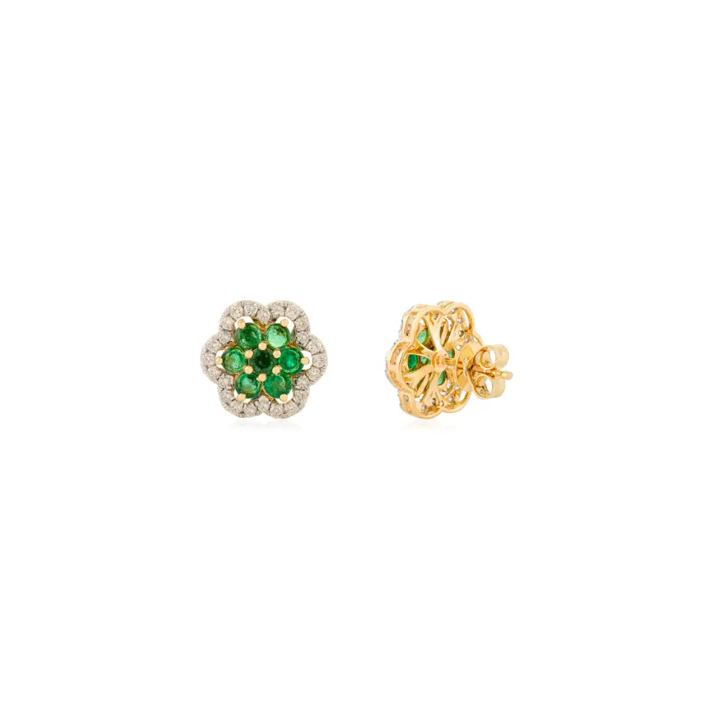 Round Cut Emerald & Diamond Flower Statement Stud Earrings Unique Design 18K Yellow Gold