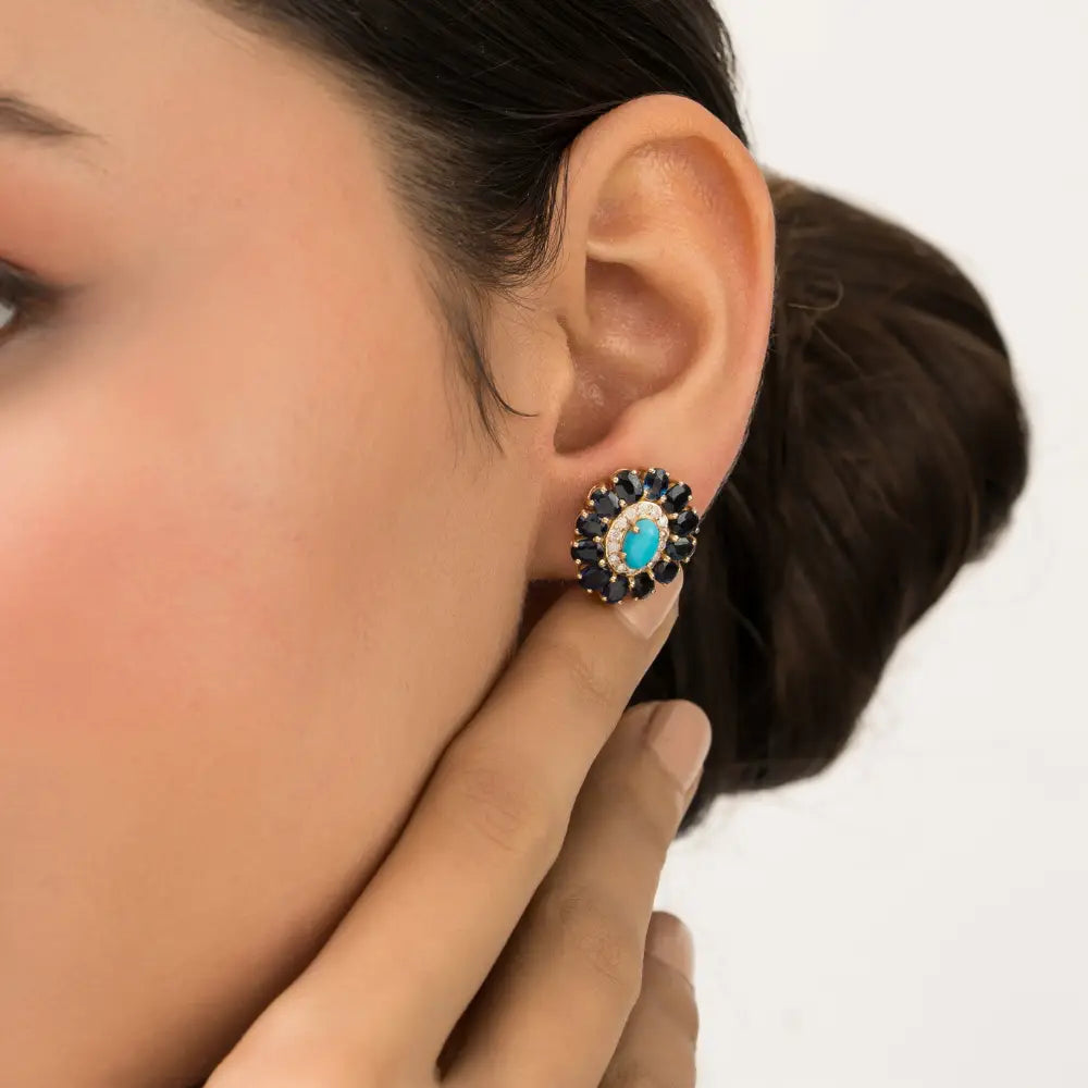 Natural Gemstone Blue Sapphire Turquoise & Diamond K14 Yellow Gold Halo Floral Stud Earrings