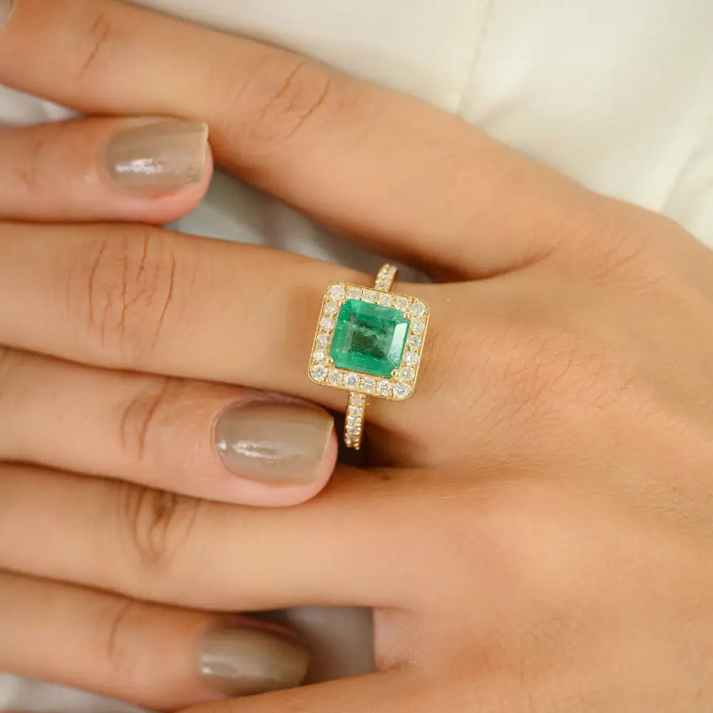 Natural Gemstone Emerald & Diamond K14 Real Yellow Gold Halo Engagement Ring For Unisex