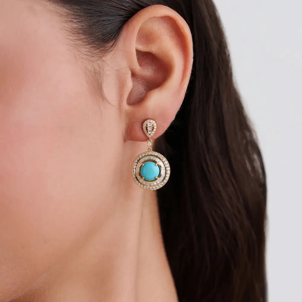Cabochon Cut Turquoise & Diamond Double Halo Drop Earrings For Wedding 14K Yellow Gold