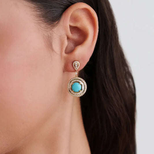 Cabochon Cut Turquoise & Diamond Double Halo Drop Earrings For Wedding 14K Yellow Gold