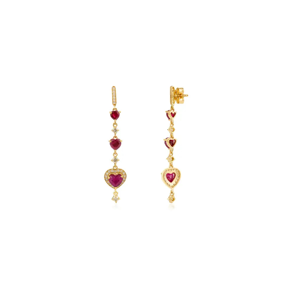 Heart Shape Ruby & Round Cut Diamond Long Dangle Earrings 18K Yellow Gold Anniversary Gift