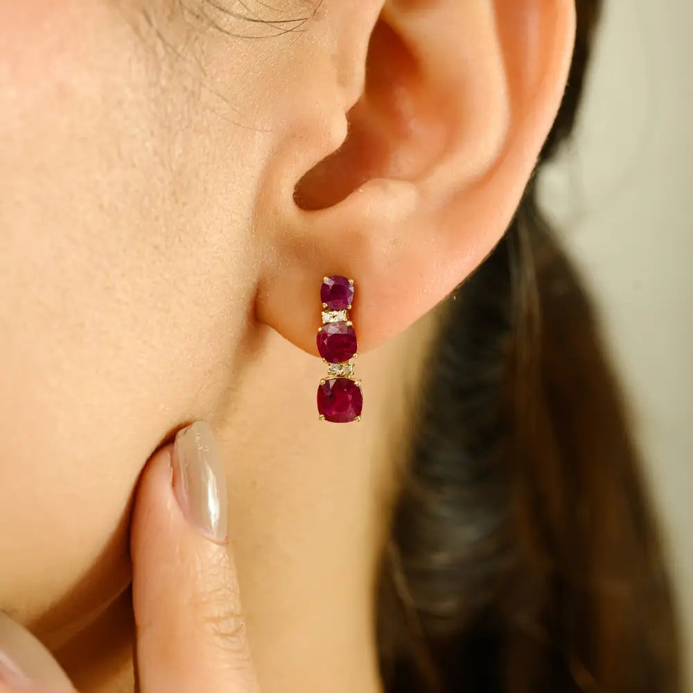 Graduated Set Ruby & Diamond Small Drop Earrings Everyday Wear Girls 14K Yellow Gold Jewelry