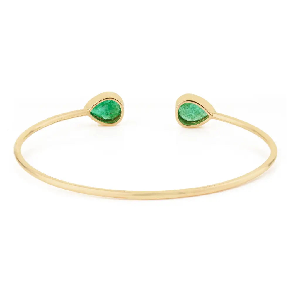 Real 14K Yellow Gold Emerald Gemstone Flexible Cuff Bangle For Unisex Stackable Jewelry
