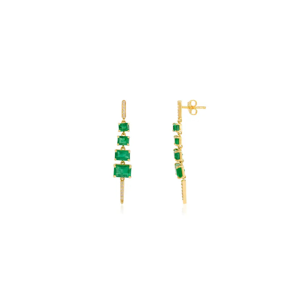 K14 Gold Graduated Set Gemstone Emerald & Diamond Women Handmade Dangle Earrings