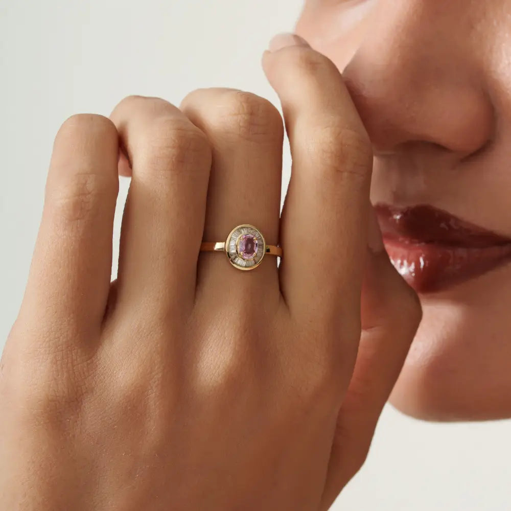 4x5 mm Pink Sapphire & Diamond K14 Yellow Gold Cluster Ring Stack Jewelry For Everyday Wear