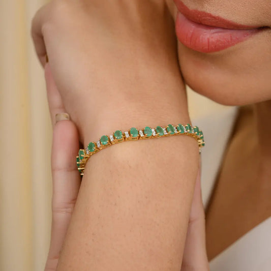 May Birthstone Natural Emerald & Diamond K18 Yellow Gold Bracelet