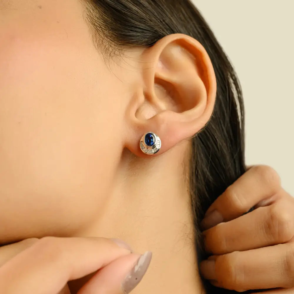 Exquisite Design Blue Sapphire & Diamond K14 White Gold Unique Stud Earrings For Women