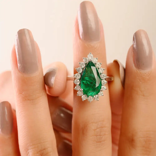 14x8 mm Pear Cut Emerald & Diamond 14K Solid White Gold Cluster Statement Ring Wedding