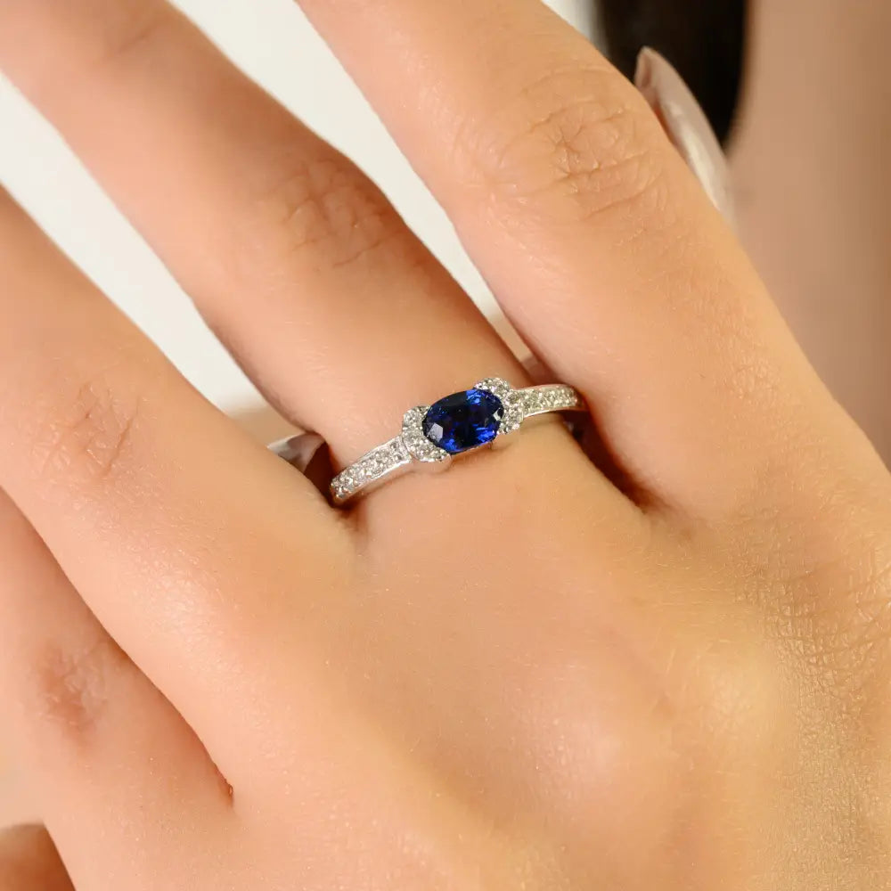 Fine Half Bezel Set Blue Sapphire & Diamond 14K White Gold Engagement Ring Manufacturer
