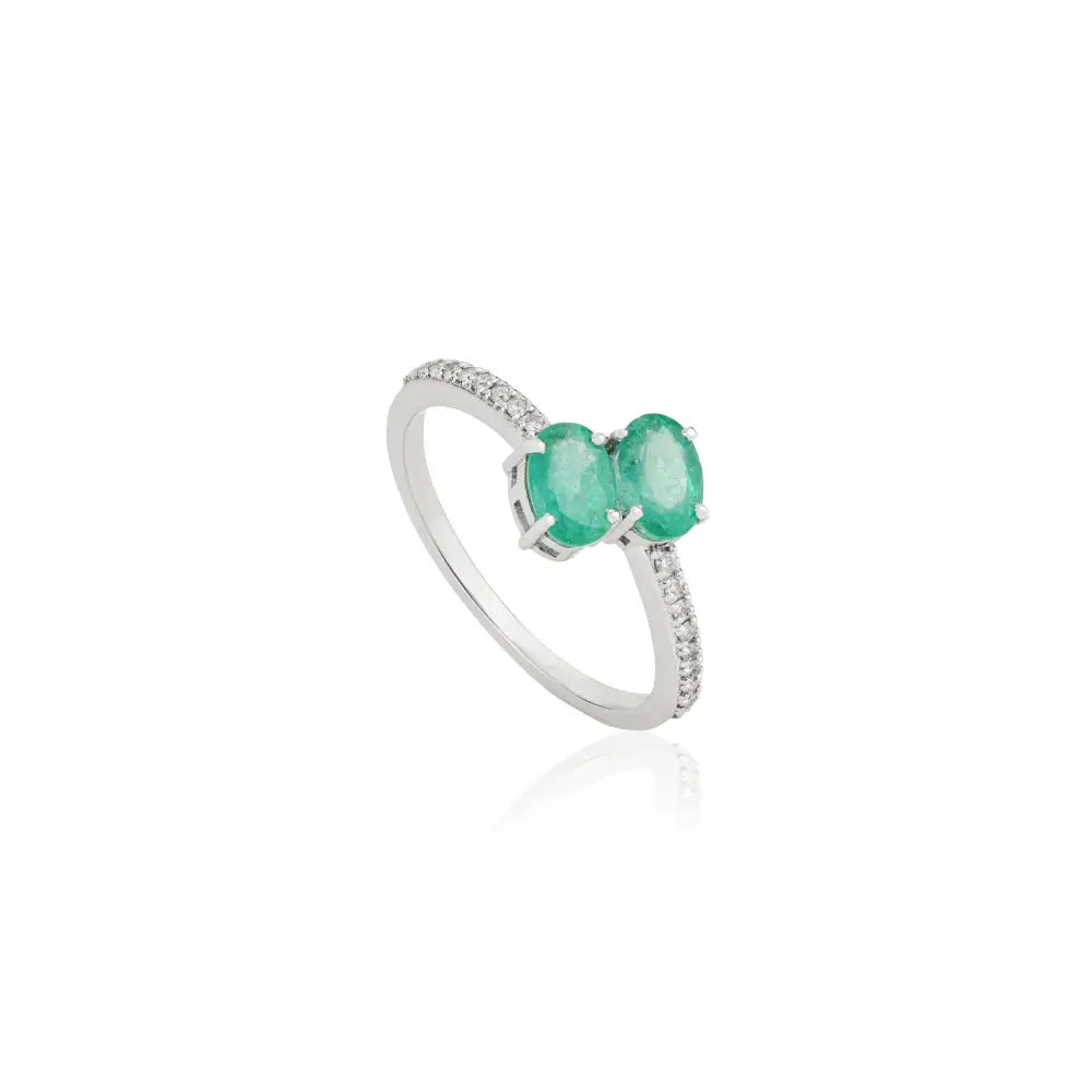 Custom Logo Emerald & Diamond 14K White Gold Fine Bypass Ring Natural Gemstone Jewelry
