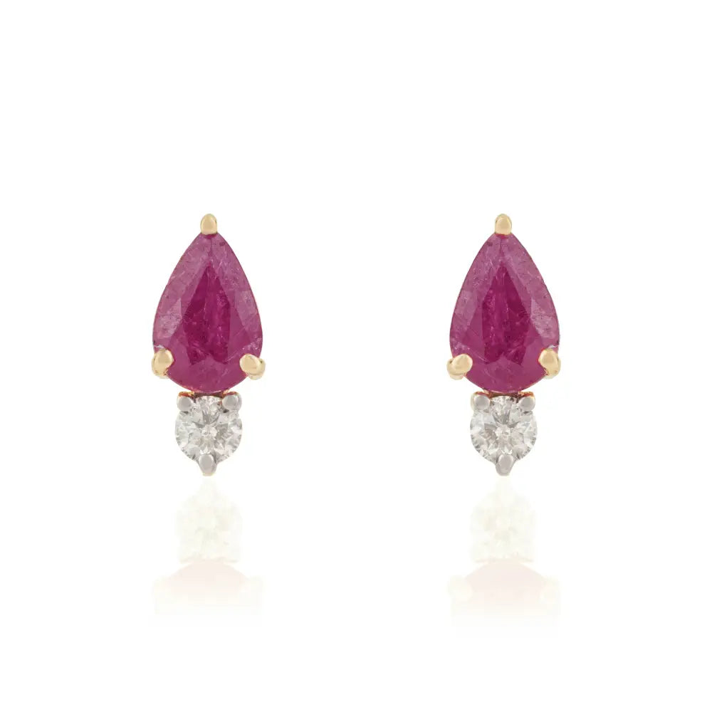 July Birthstone K14 Yellow Gold Ruby & Diamond Minimalist Stud Earrings Everyday Wear Jewelry