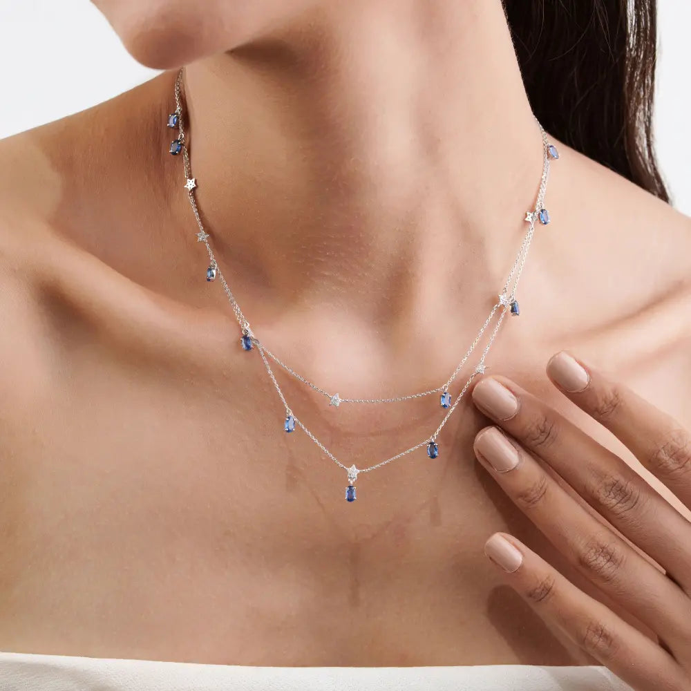 Beautiful Design Solid K14 White Gold Blue Sapphire & Diamond Double Layer Charm Necklace Wedding Jewelry