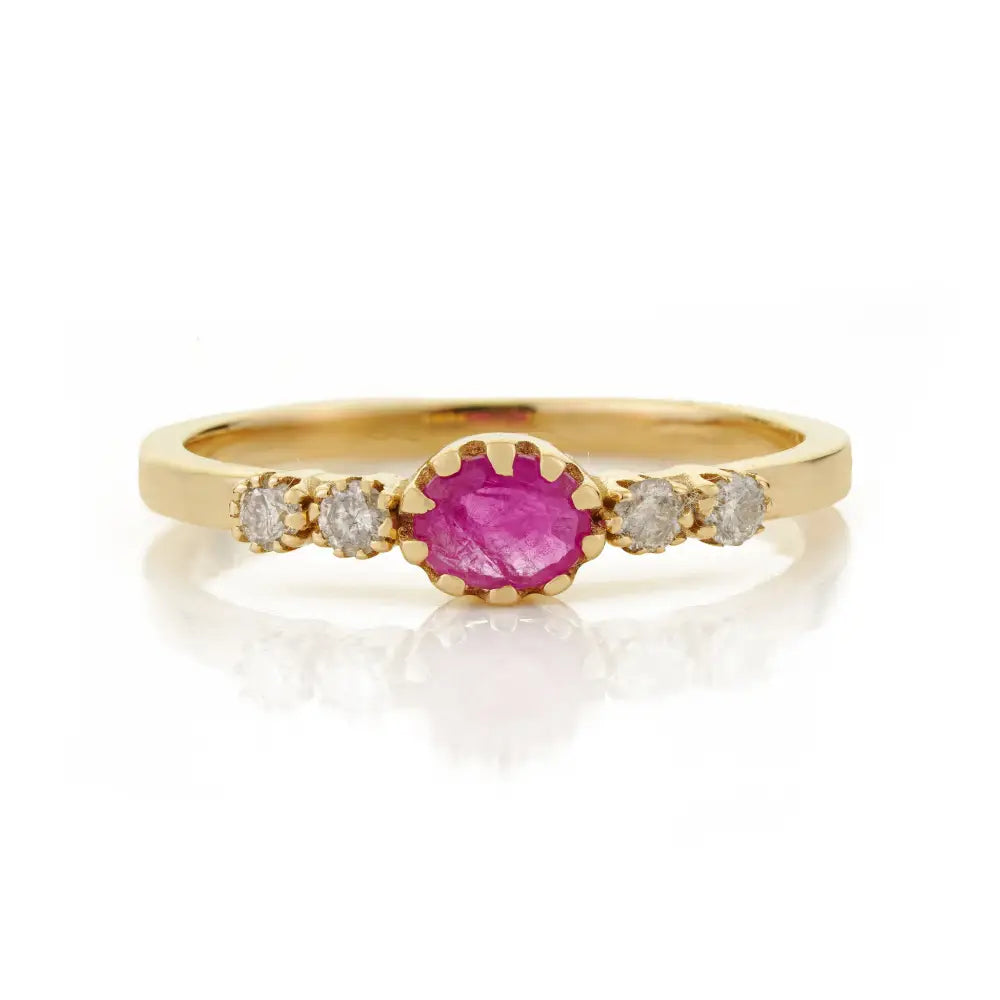 Pinion Bezel Set Ruby & Diamond Minimalist Dainty Ring Solid 14K Real Yellow Gold Fine Jewelry