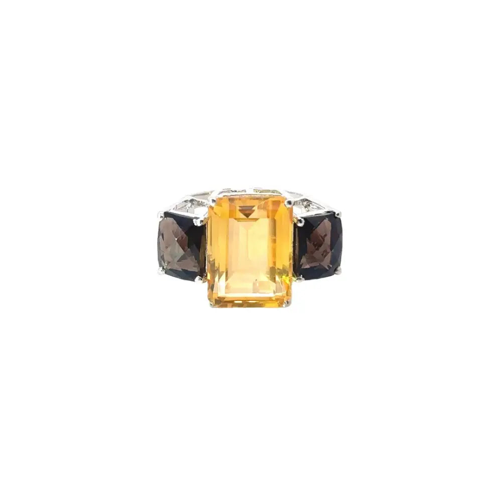 Wholesale Birthstone Jewelry Natural Citrine & Smoky Quartz Three Stone Ring Set In Prong Setting