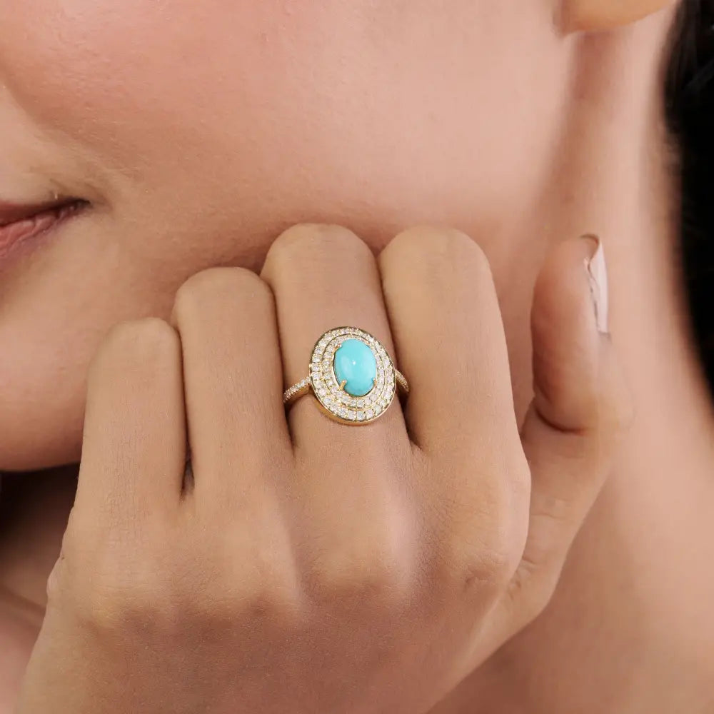December Birthstone Turquoise & Diamond Double Cluster Ring For Wedding 14K Yellow Gold