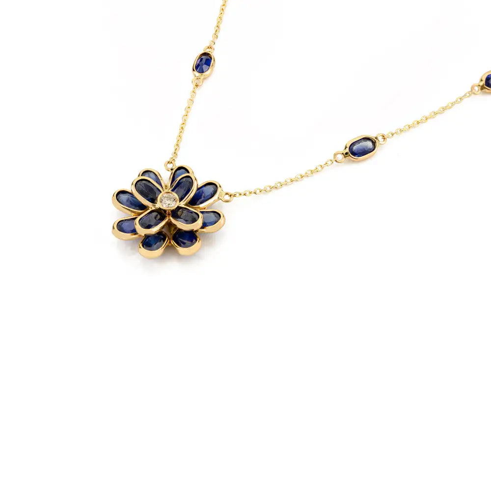 Birthstone Jewelry Solid 14K Gold Blue Sapphire & Diamond Floral Shape Pendant Necklace