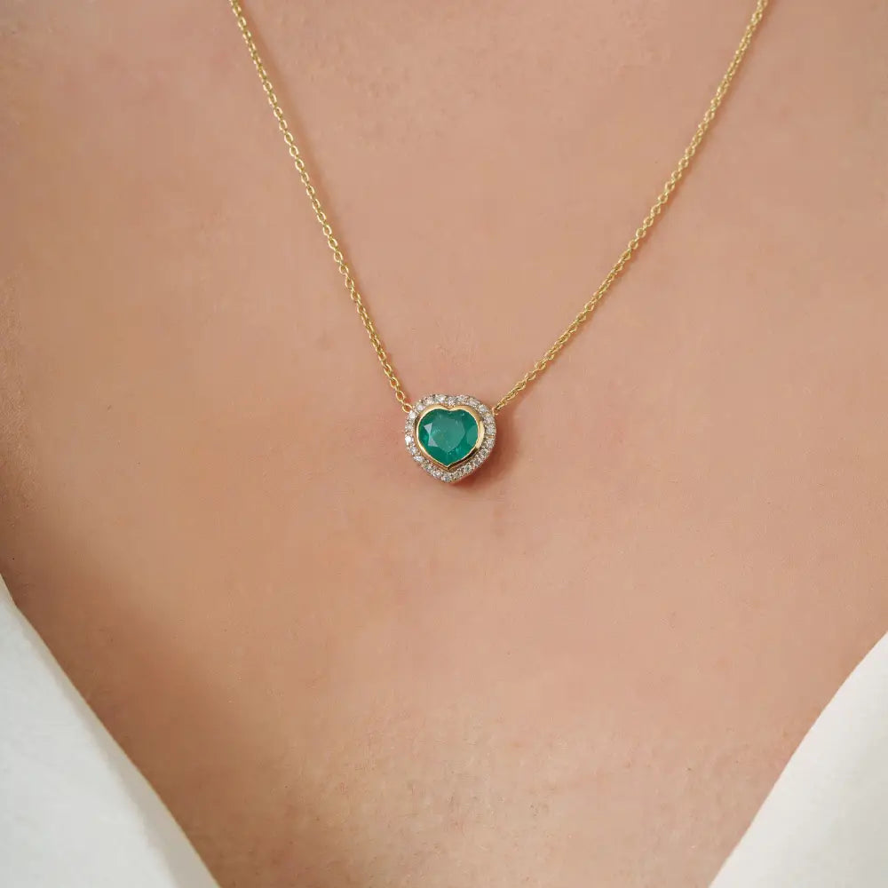 Handcrafted Design 14K Yellow Gold Emerald & Diamond Heart Shape Halo Pendant Necklace