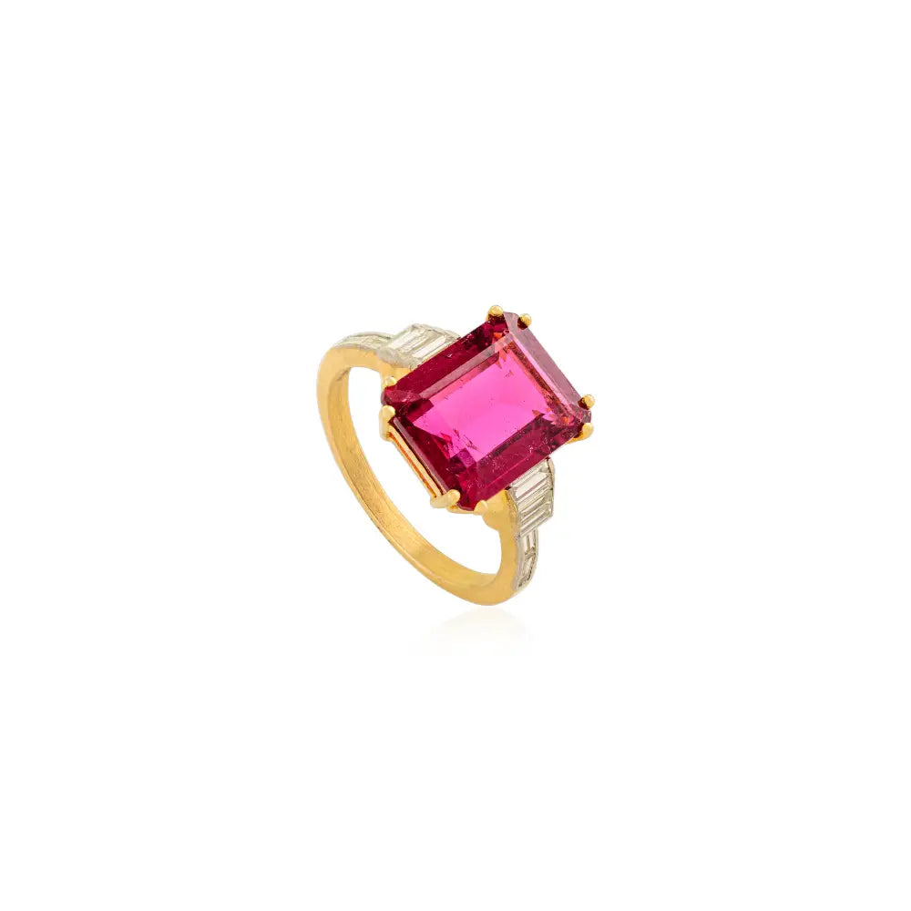 Pink Tourmaline & Diamond Double Prong Setting Wedding Ring Authentic 14K Yellow Gold