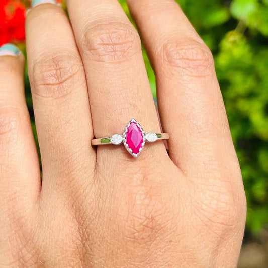 Marquise Shape Ruby & Round Cut American Diamond Single Stone Ring For Valentine's Day Gift