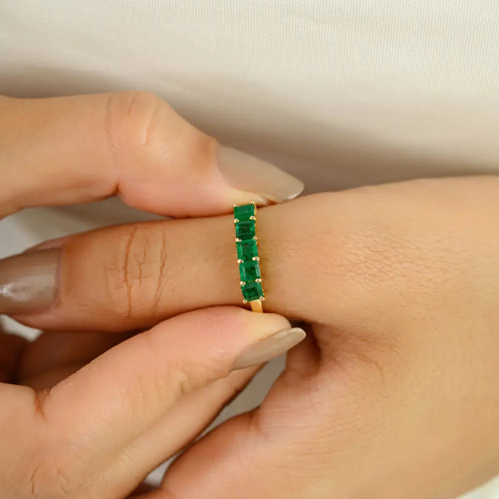 Simple Elegant Design 14K Yellow Gold Emerald Gemstone Half Eternity Band Ring Daily Wear