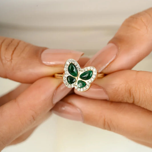 Malachite & Diamond Unique Designer Butterfly Ring For Party Wear Solid K14 Yellow Ring