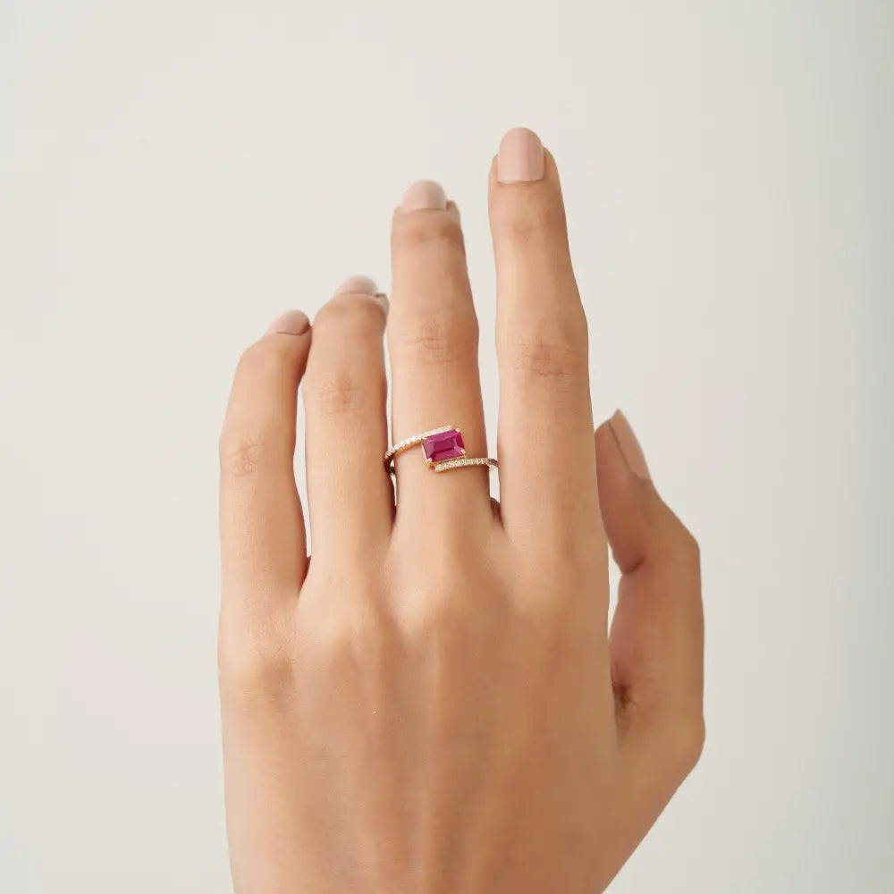 Octagon Cut Ruby & Diamond 14K Solid Yellow Gold Gemstone Ring Women's Wedding Jewelry