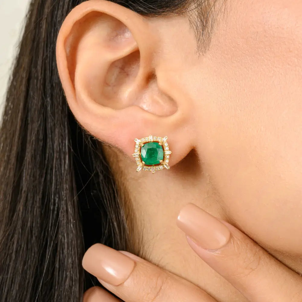 Everyday Minimalist Jewelry Natural Emerald & Diamond Stud Earrings Prong Setting