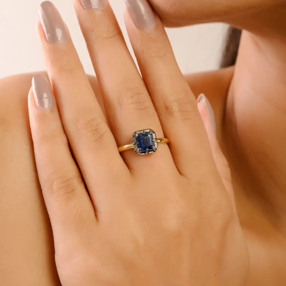 Square Cut Blue Sapphire Black Rhodium Plated 18K Solid Gold Solitaire Gemstone Minimal Ring