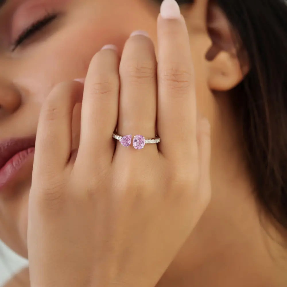 Best Selling Pink Sapphire & Diamond Pure 14K White Gold Toi et Moi Open Stackable Ring