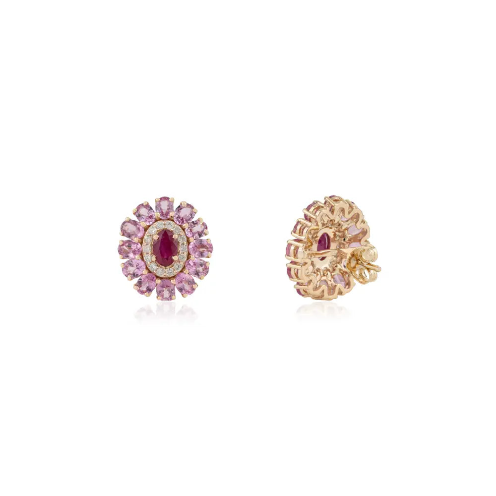Ruby Pink Sapphire & Diamond Statement Floral Shape Halo Stud Earrings 14K Pure Yellow Gold