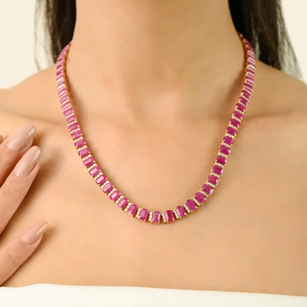 Bridal Jewelry Gemstone Ruby & Diamond Statement Tennis Necklace 14K Solid Yellow Gold