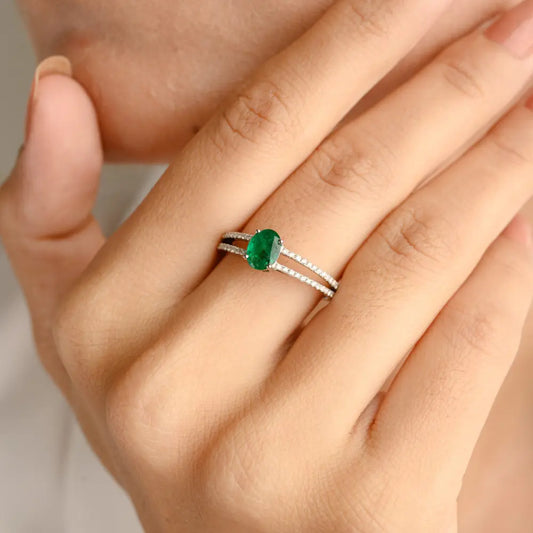 Bulk Jewelry Natural Precious Gemstone Emerald & Diamond 18K Fine White Gold Ring