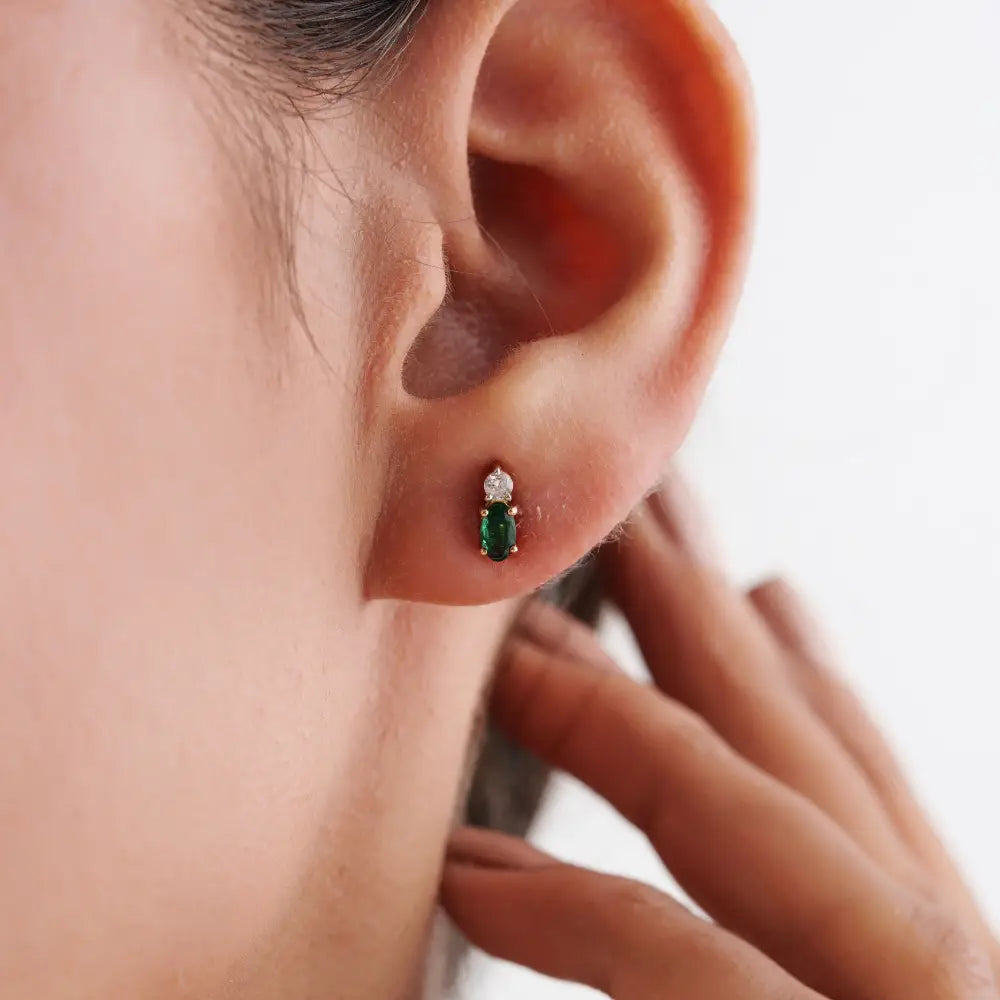 Minimalist Design Emerald & Diamond Small Stud Earrings 14K Yellow Gold Daily Wear Jewelry