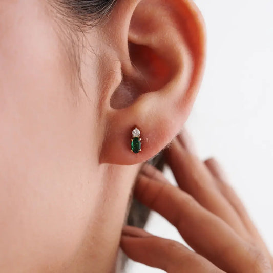 Minimalist Design Emerald & Diamond Small Stud Earrings 14K Yellow Gold Daily Wear Jewelry