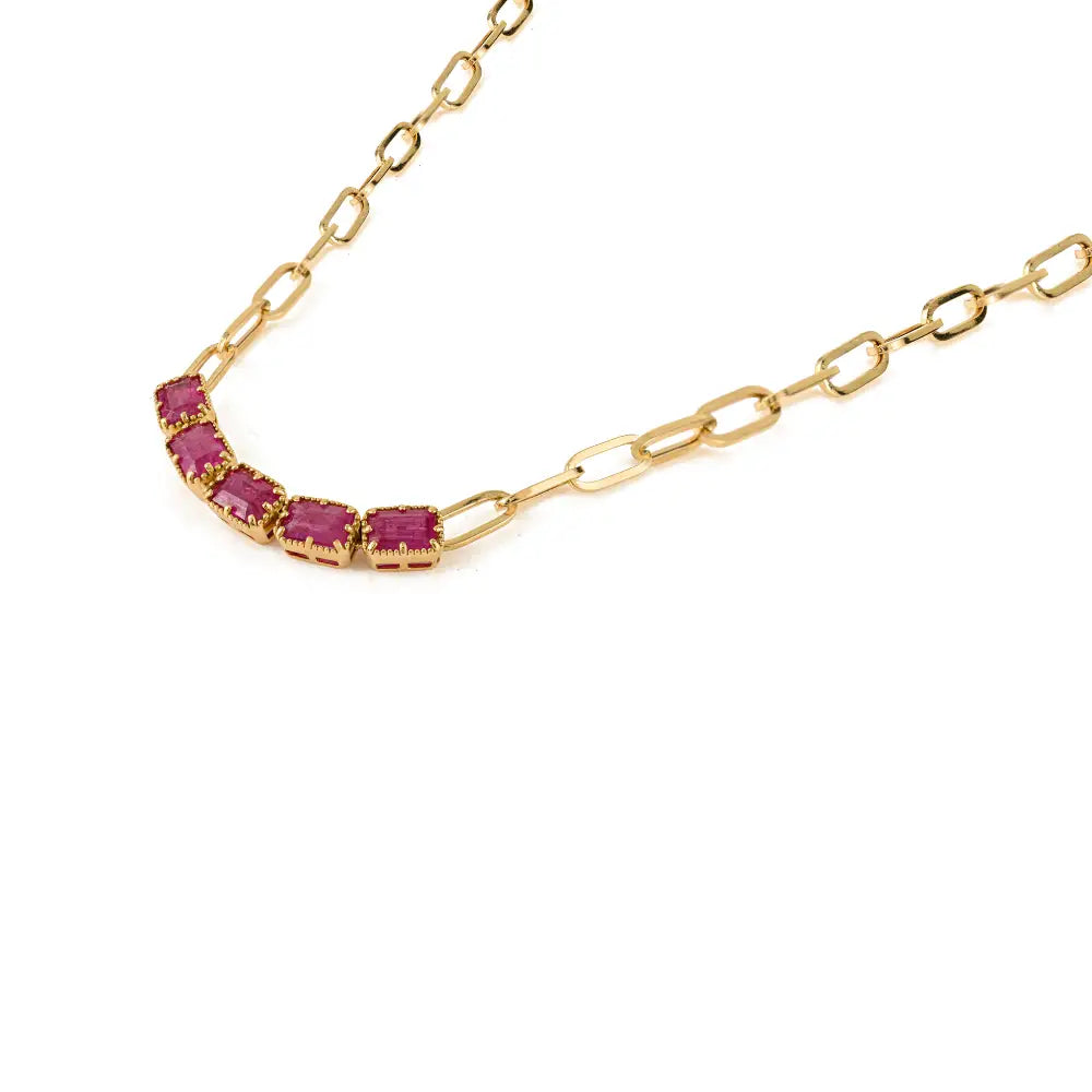 Hot Sale Pinion Bezel Set Ruby Paperclip Chain Five Stone Necklace Women Solid 18K Yellow Gold