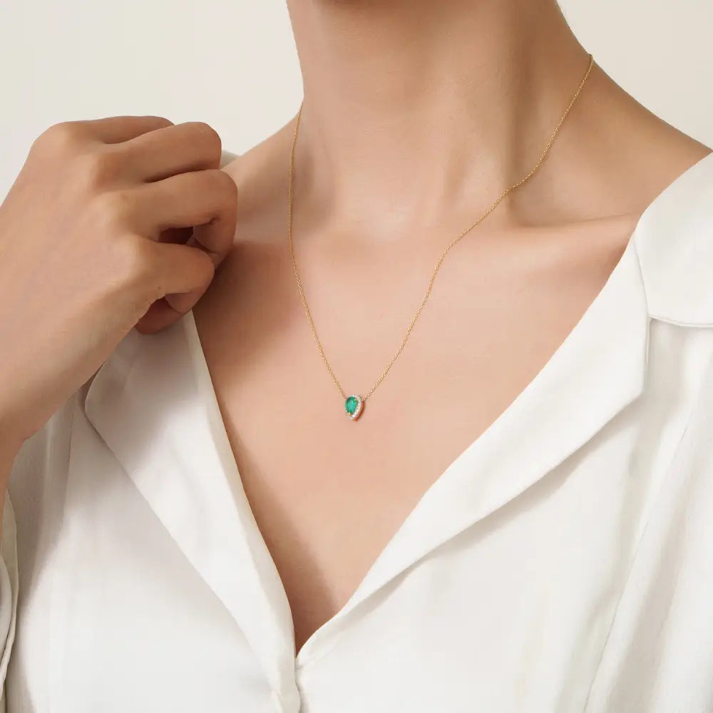 Pear Cut Emerald & Diamond Fine Minimalist Solitaire Halo Pendant Necklace 18K Yellow Gold