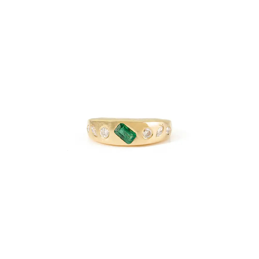 Unique Zambian Emerald & Diamond 18K Solid Yellow Gold Chunky Dome Ring Trendy Jewelry