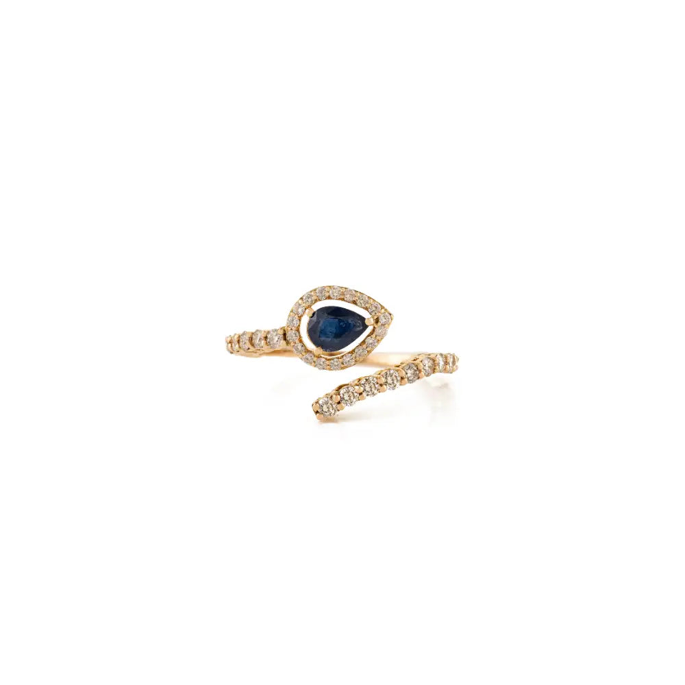 Pear Blue Sapphire & Round Diamond 14K Real Yellow Gold Open Statement Ring Luxury Jewelry